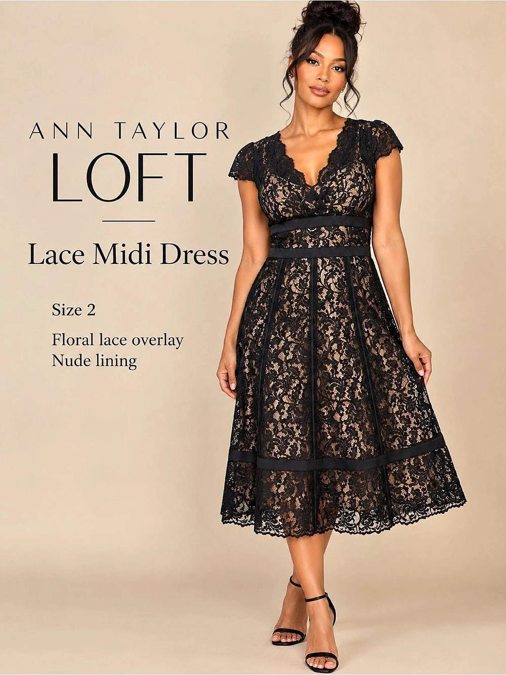Ann Taylor LOFT Black Floral Lace Fit & Flare Midi Dress Size 2